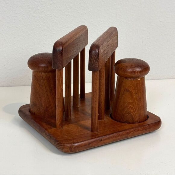 Vintage Teak Napkin Holder with Salt Shaker & Pepper Mill - Picture 1 of 11